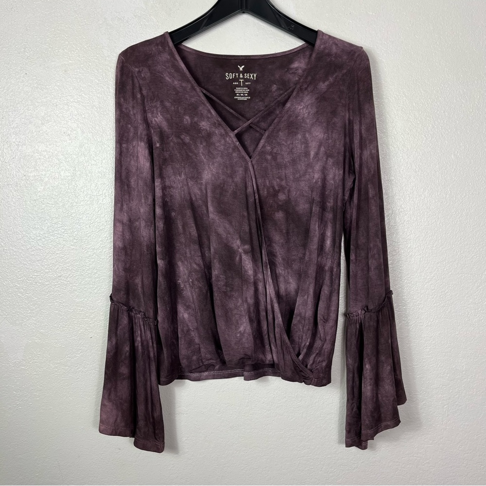 American Eagle Soft & Sexy Purple Tie Dye Bell Sleeve Top Medium